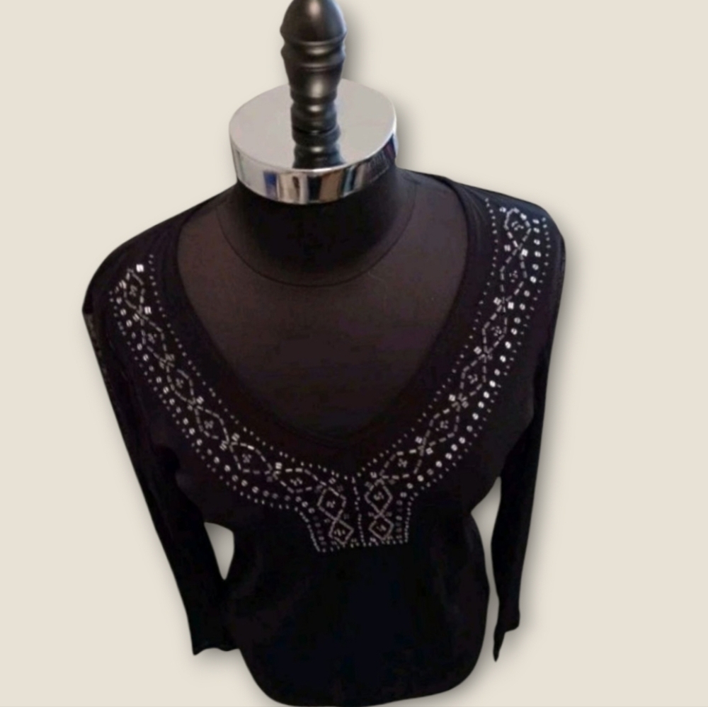 New York & Company Women's Medium Sheer Black Rhinestone Whimsigoth Y2K